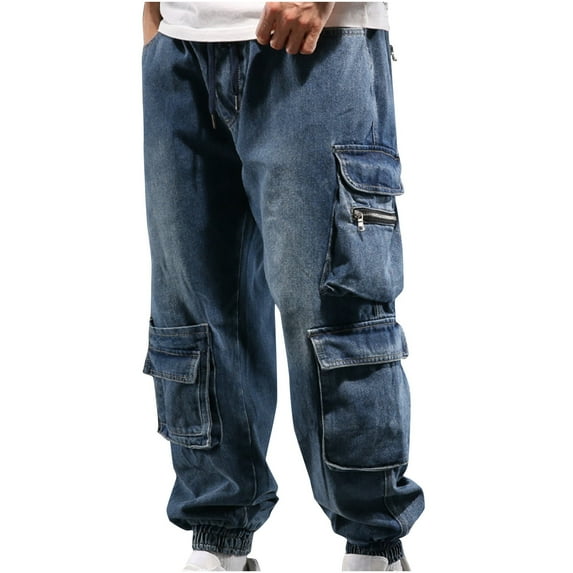 Wyobmus Men's Loose Fit Cargo Jeans Lightweight Stretch Carpenter Jean Distressed Straight Leg Fashion Comfort Flex Waist Pants C-Blue