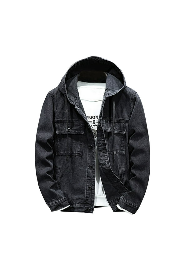 Men's Loose Fit Denim Hooded Jacket Casual Button Down Washed Long Sleeve Jean Tops Flip Collar Trucker Jacket Black