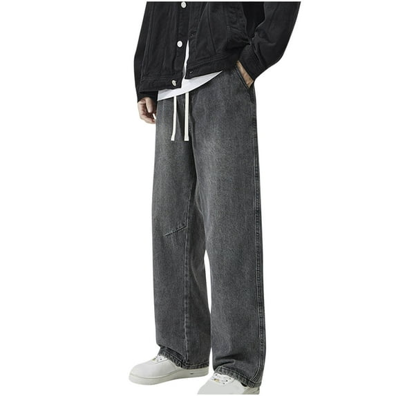 Wyobmus Men's Loose Fit Jeans Vintage Straight Wide Leg Denim Pants With Pockets Baggy Jeans Trousers Streetwear A-Black