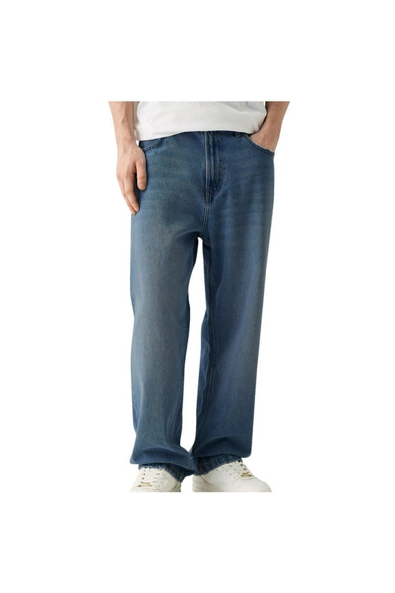 Men's Low Rise Jeans Slim Fit Distressed Straight Leg Washed Denim Pants F-Dark Blue