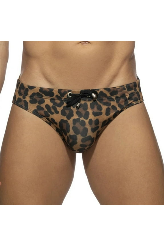 Men's Low Rise Swimsuits Bikini Swimming Briefs Swimwear With Adjustable Drawstring Leopard Print Fitness Beach Shorts C-Brown