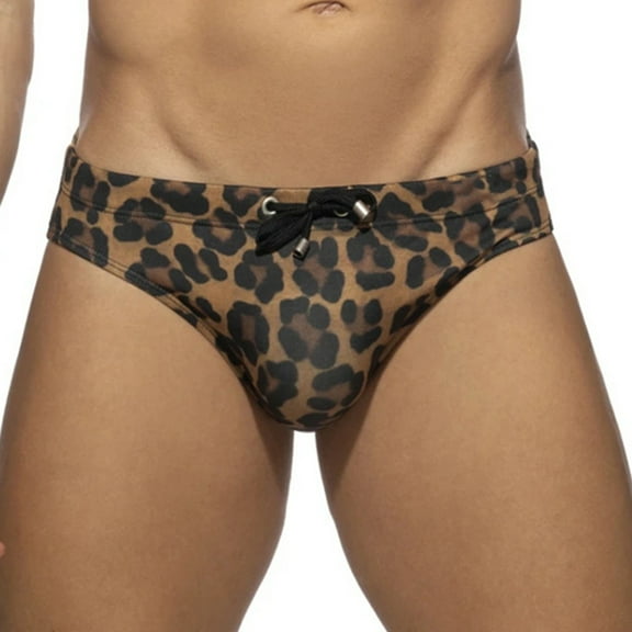 Wyobmus Men's Low Rise Swimsuits Bikini Swimming Briefs Swimwear With Adjustable Drawstring Leopard Print Fitness Beach Shorts C-Brown