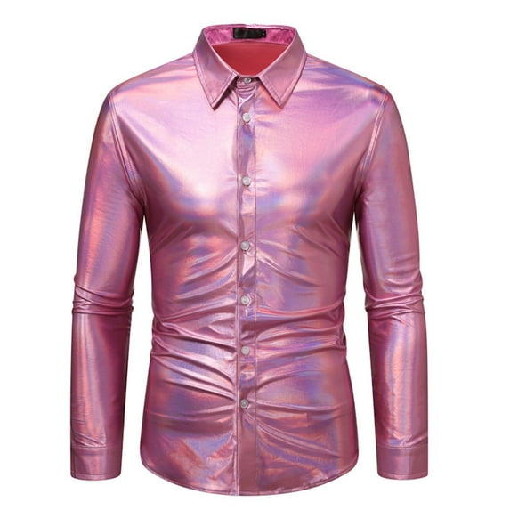 Wyobmus Men's Metallic Drees Shirt Stretch Solid Long Sleeve Button Down Shirts Vintage 70s Lapel Disco Shirt for Hippie Nightclub Business Prom Party Wedding Blouse C-Pink