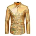 thumbnail image 1 of Wyobmus Men's Metallic Drees Shirt Stretch Solid Long Sleeve Button Down Shirts Vintage 70s Lapel Disco Shirt for Hippie Nightclub Business Prom Party Wedding Blouse C-Gold, 1 of 7