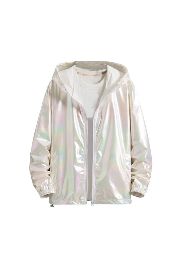 Men's Metallic Jacket Holographic Ultra-Thin Zip Up Hooded Windbreaker High Visibility Rainbow Sparkle Shiny Jackets Party Club Coat White