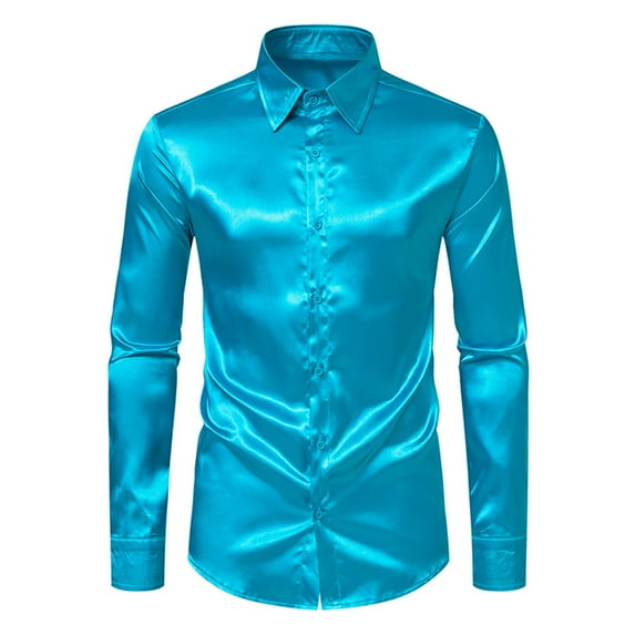 Wyobmus Men's Metallic Drees Shirt Stretch Solid Long Sleeve Button Down Shirts Vintage 70s Lapel Disco Shirt for Hippie Nightclub Business Prom Party Wedding Blouse B-Blue