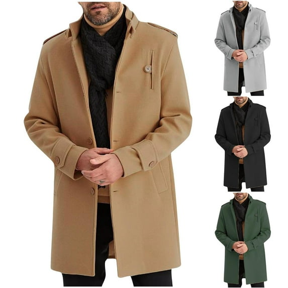 Wyobmus Men's Mid Length Overcoat Slim Fit Long Sleeve Zipper Pea Coat Classic Stand Collar Winter Outwear Clothes Khaki