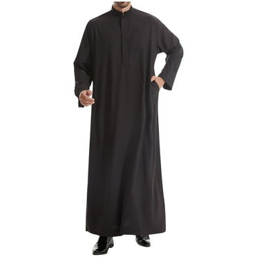Wyobmus Men's Muslim Robe Middle Round Collar Robe Long Style Long Sleeve Button Pullover Long Shirt Fashion Casual Robe Black