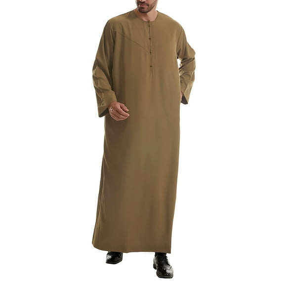 Wyobmus Men's Muslim Robe Middle Round Collar Robe Long Style Long Sleeve Pullover Long Shirt Fashion Casual Robe Coffee
