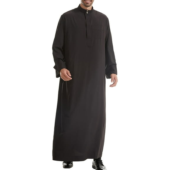 Wyobmus Men's Muslim Robe Middle Stand Collar Robe Long Style Long Sleeve Pullover Long Shirt Fashion Casual Robe Black