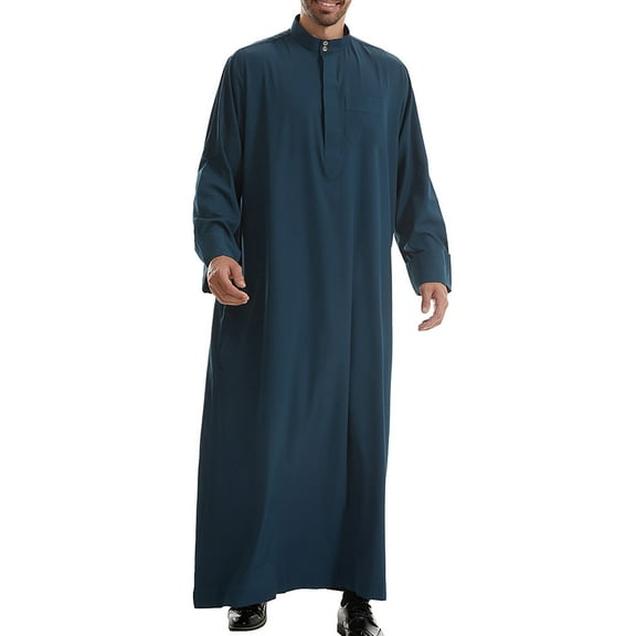 Wyobmus Men's Muslim Robe Middle Stand Collar Robe Long Style Long Sleeve Pullover Long Shirt Fashion Casual Robe Lake Blue
