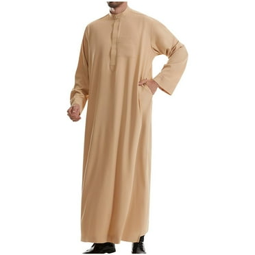 Wyobmus Men's Muslim Robe Solid Color Middle Round Collar Robe Long Style Long Sleeve Pullover Long Shirt Fashion Casual Robe Khaki
