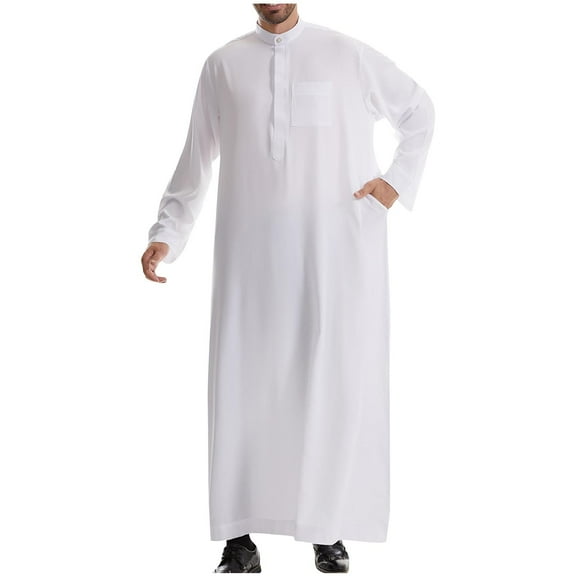 Wyobmus Men's Muslim Robe Solid Color Middle Round Collar Robe Long Style Long Sleeve Pullover Long Shirt Fashion Casual Robe White