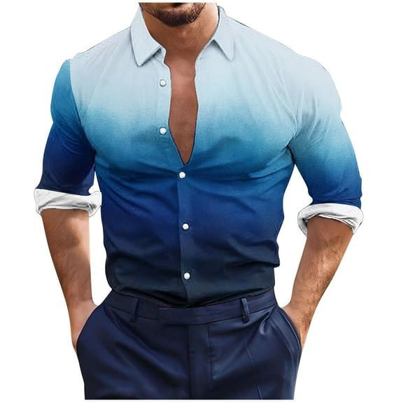 Wyobmus Men's Notched Lapel Shirt Casual Gradient Printed Button Down T-Shirt Long Sleeve Blouse Tops A-Blue