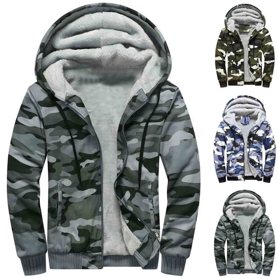 Wyobmus Men's Oversized Thicken Camo Jacket Sherpa Fleece Lined Hoodies Insulated Jacket Sweatshirt Full Zip Coats Blue