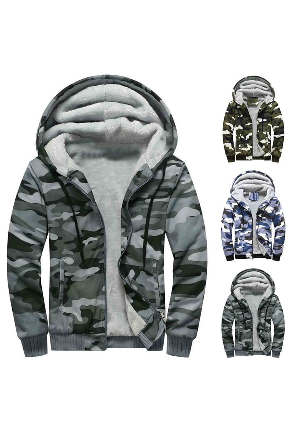 Men's Oversized Thicken Camo Jacket Sherpa Fleece Lined Hoodies Insulated Jacket Sweatshirt Full Zip Coats Gray