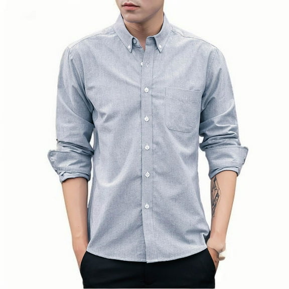 Wyobmus Men's Oxford Shirt Solid Casual Button Down Flip Collar Shirts Long Sleeve Dress Shirts With Pocket M-5XL Gray