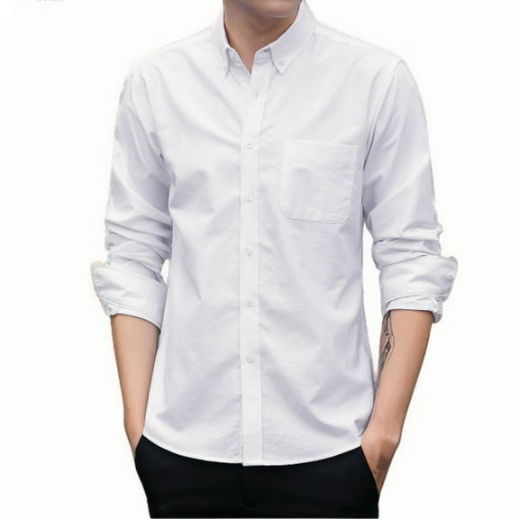 Wyobmus Men's Oxford Shirt Solid Casual Button Down Flip Collar Shirts Long Sleeve Dress Shirts With Pocket M-5XL White