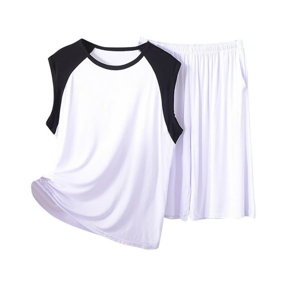 Wyobmus Men's Pajama Set 2 Piece Sleeveless Sleepwear Loose Color Block Tank Tops Elastic Waist Shorts Cotton Pj Set A-Black