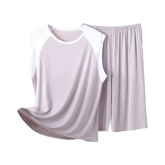 Wyobmus Men's Pajama Set 2 Piece Sleeveless Sleepwear Loose Color Block Tank Tops Elastic Waist Shorts Cotton Pj Set A-Purple