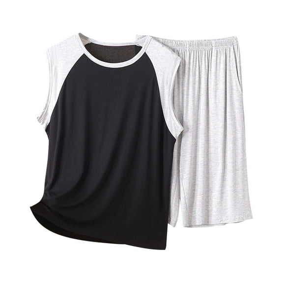 Wyobmus Men's Pajama Set 2 Piece Sleeveless Sleepwear Loose Color Block Tank Tops Elastic Waist Shorts Cotton Pj Set C-Gray