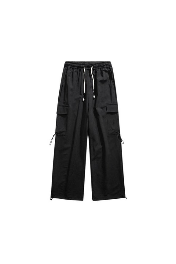 Men's Parachute Pants Loose Fit Drawstring Casual Pants Solid Color Waist Elastic Straight Leg Pocket Cargo Pants B-Black