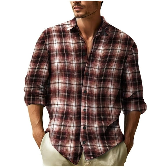 Wyobmus Men's Plus Size Shirts Casual Plaid Cardigan Lapel Button Down Long Sleeve Blouse Burgundy
