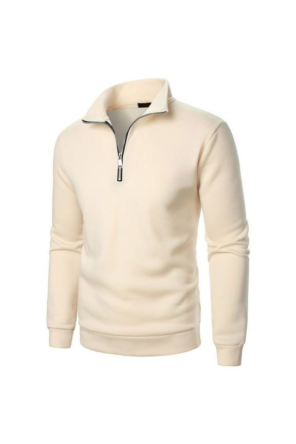 Men's Quarter Zip Shirt Casual Solid Stand Collar Pullover Long Sleeve Sweater Top Beige