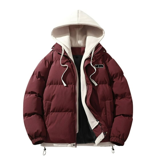Wyobmus Men's Quilted Jackets Winter Heavyweight Hooded Puffer Jacket Solid Zipper Coat Casual Oversized Padded Jacket Burgundy