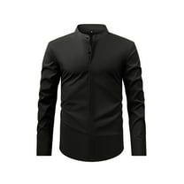 Wyobmus Men's Regular Fit Dress Shirts Vintage Stand Collar Long Sleeve T Shirt 4-Way Stretch Casual Fomal Business Button Down Shirt Black