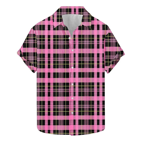 Wyobmus Men's Regular Fit Shirt Checkered Shirt Casual Button Down Short Sleeve Turndown Collar Blouse Size S-3XL C-Hot Pink