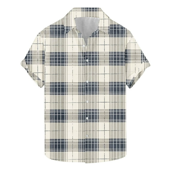 Wyobmus Men's Regular Fit Shirt Checkered Shirt Casual Button Down Short Sleeve Turndown Collar Blouse Size S-3XL I-Navy