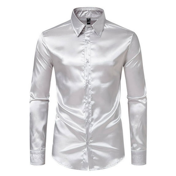 Wyobmus Men's Satin Dress Shirt Shiny Silk Long Sleeve Button Down Shirts Fancy Party Prom Shirt Slim Fit Casual Shirt Gray
