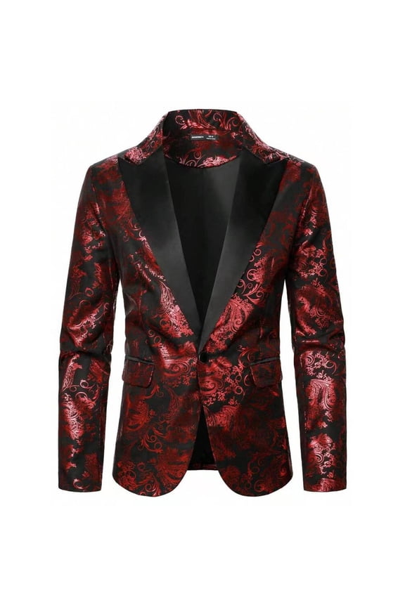 Men's Sequin Blazer Sparkly Glitter Jacket Shiny Floral One Button Suit Jacket Stylish Party Wedding Banquet Prom B-Burgundy