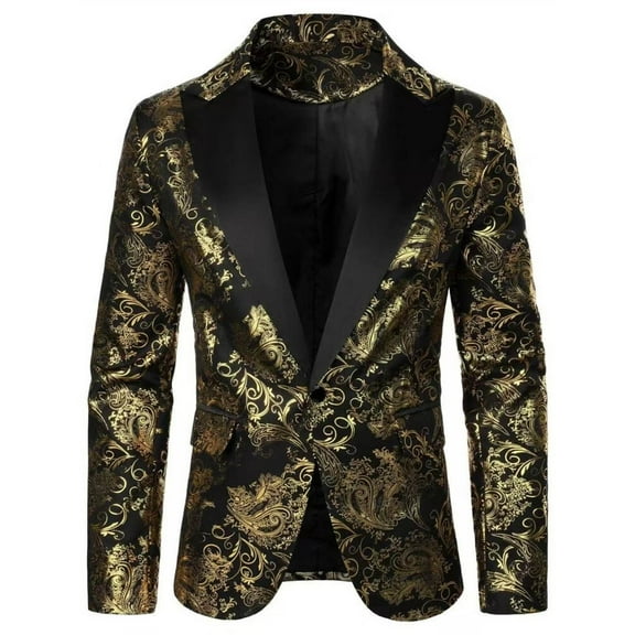 Wyobmus Men's Sequin Blazer Sparkly Glitter Jacket Shiny Floral One Button Suit Jacket Stylish Party Wedding Banquet Prom B-Gold