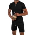 thumbnail image 1 of Wyobmus Men's Short Set 2 Piece Summer Beach Outfits Solid 1/4 Zipper Short Sleeve T-Shirts and Drawstring Shorts Set Black, 1 of 9