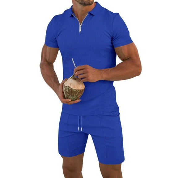 Wyobmus Men's Short Set 2 Piece Summer Beach Outfits Solid 1/4 Zipper Short Sleeve T-Shirts and Drawstring Shorts Set Blue