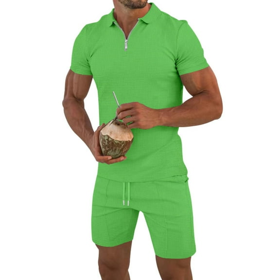 Wyobmus Men's Short Set 2 Piece Summer Beach Outfits Solid 1/4 Zipper Short Sleeve T-Shirts and Drawstring Shorts Set Green