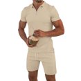thumbnail image 1 of Wyobmus Men's Short Set 2 Piece Summer Beach Outfits Solid 1/4 Zipper Short Sleeve T-Shirts and Drawstring Shorts Set Khaki, 1 of 9