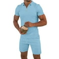 thumbnail image 1 of Wyobmus Men's Short Set 2 Piece Summer Beach Outfits Solid 1/4 Zipper Short Sleeve T-Shirts and Drawstring Shorts Set Light Blue, 1 of 9