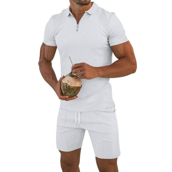 Wyobmus Men's Short Set 2 Piece Summer Beach Outfits Solid 1/4 Zipper Short Sleeve T-Shirts and Drawstring Shorts Set White