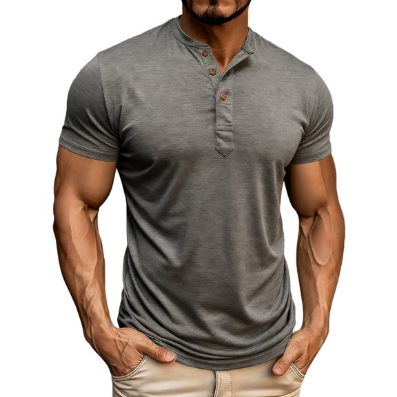 Wyobmus Men's Short Sleeve Henley T Shirts Casual Summer Classic Button-Up T Shirt Summer Wourkout Anthletic Shirt Blouse with Pocket C-Dark Gray