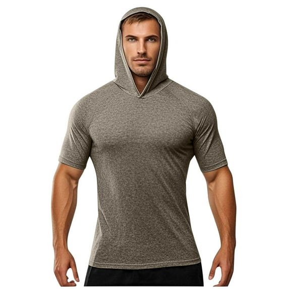 Wyobmus Men's Short Sleeve Hoodie Shirt Workout Gym T Shirt Muscle Fit Quick Dry Hoodies Pullover Bodybuilding Hooded T-Shirts B-Khaki
