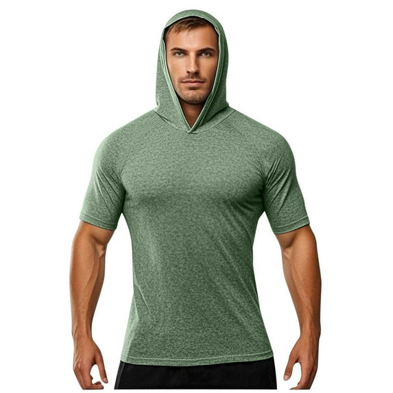 Wyobmus Men's Short Sleeve Hoodie Shirt Workout Gym T Shirt Muscle Fit Quick Dry Hoodies Pullover Bodybuilding Hooded T-Shirts B-Olive Green