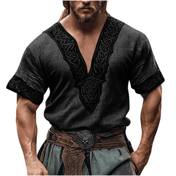 Wyobmus Men's Short Sleeve Shirts Retro Embroideried V-Neck T-Shirt Causal Loose Fit Workout Tunic Summer Shirt A-Dark Gray