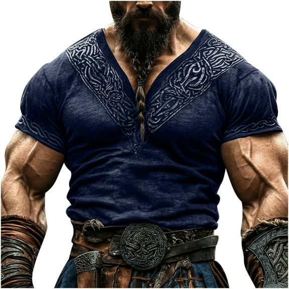 Wyobmus Men's Short Sleeve Shirts Retro Embroideried V-Neck T-Shirt Causal Loose Fit Workout Tunic Summer Shirt B-Navy