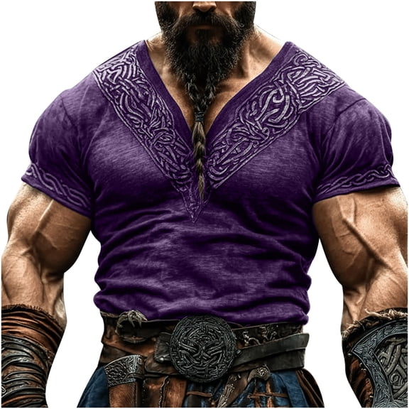 Wyobmus Men's Short Sleeve Shirts Retro Embroideried V-Neck T-Shirt Causal Loose Fit Workout Tunic Summer Shirt B-Purple