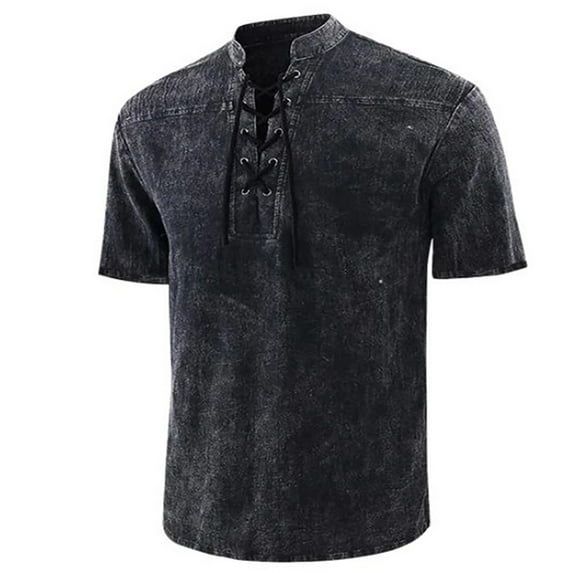 Wyobmus Men's Short Sleeved Top With Tie Up Spring Summer Solid Color Retro Stand Collar Pullover Shirt Black