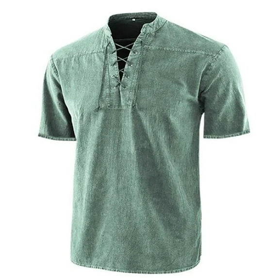 Wyobmus Men's Short Sleeved Top With Tie Up Spring Summer Solid Color Retro Stand Collar Pullover Shirt Green