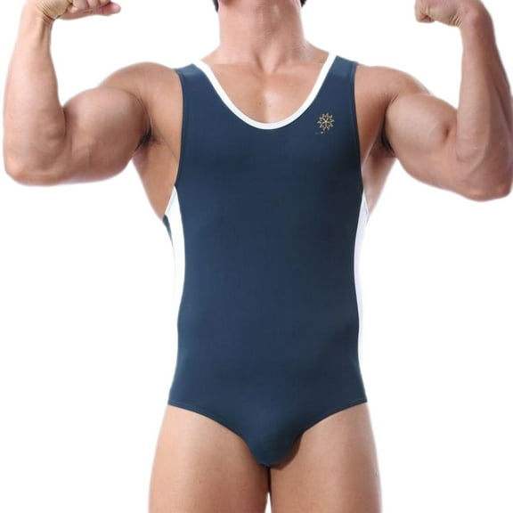 Wyobmus Men's Sleeveless Bodysuit Color Blocked One Piece Swimsuit Breathable High Stretch Athletic Jumpsuit Romper Navy